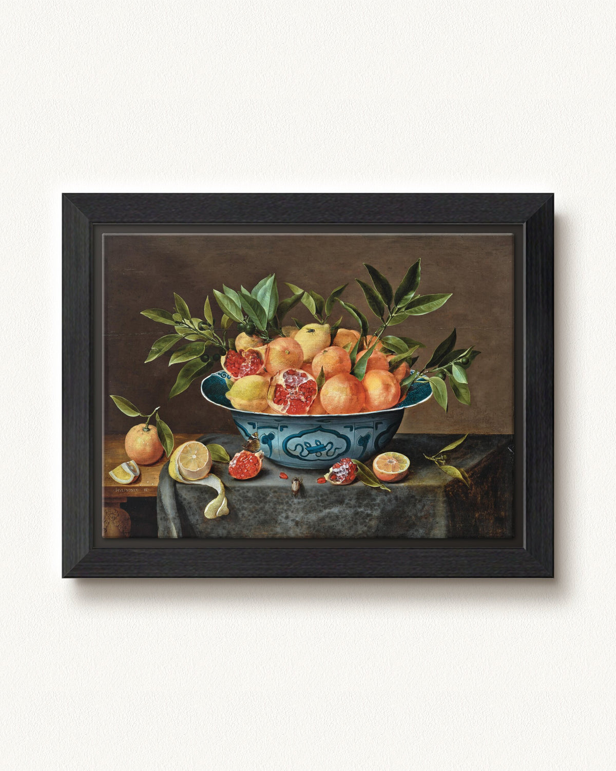 Pomegranates, Oranges, and Lemons in a Porcelain Bowl — 12 x 9, Modern - Black floating frame