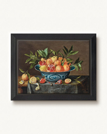 Pomegranates, Oranges, and Lemons in a Porcelain Bowl — 12 x 9, Modern - Black floating frame