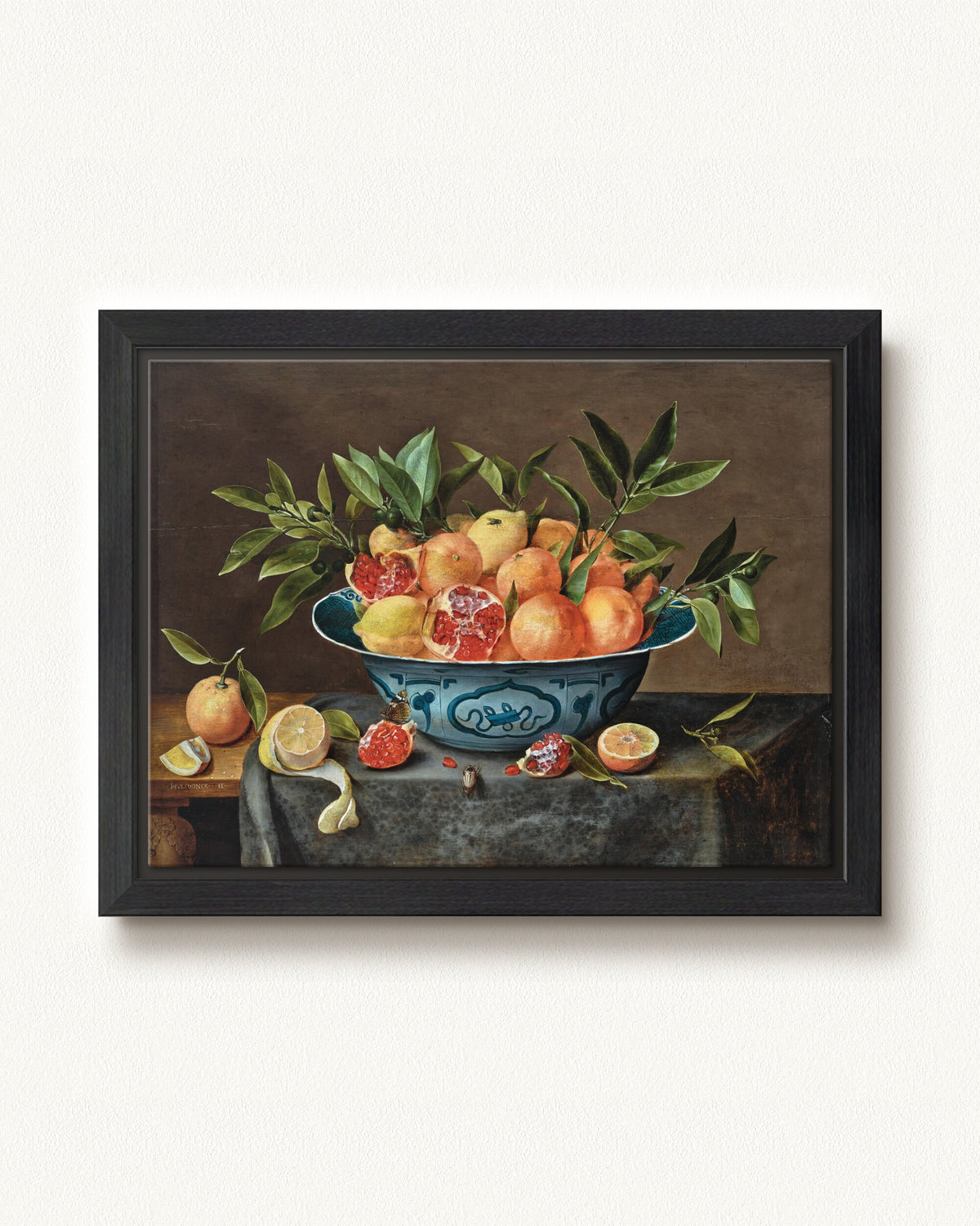 Pomegranates, Oranges, and Lemons in a Porcelain Bowl — 16 x 12, Modern - Black floating frame