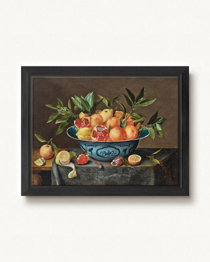 Pomegranates, Oranges, and Lemons in a Porcelain Bowl — 16 x 12, Modern - Black floating frame