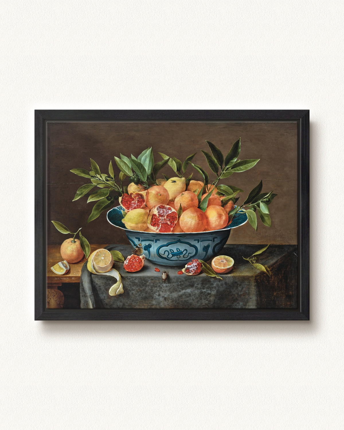 Pomegranates, Oranges, and Lemons in a Porcelain Bowl — 24 x 18, Modern - Black floating frame