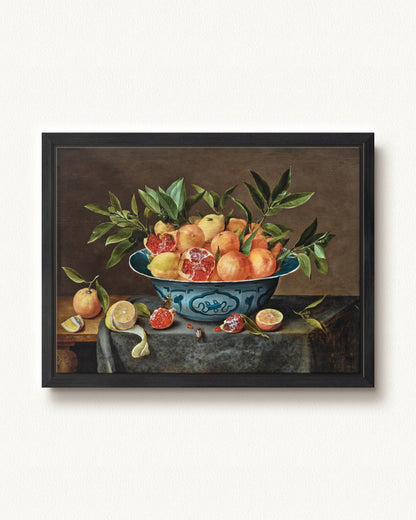 Pomegranates, Oranges, and Lemons in a Porcelain Bowl — 24 x 18, Modern - Black floating frame