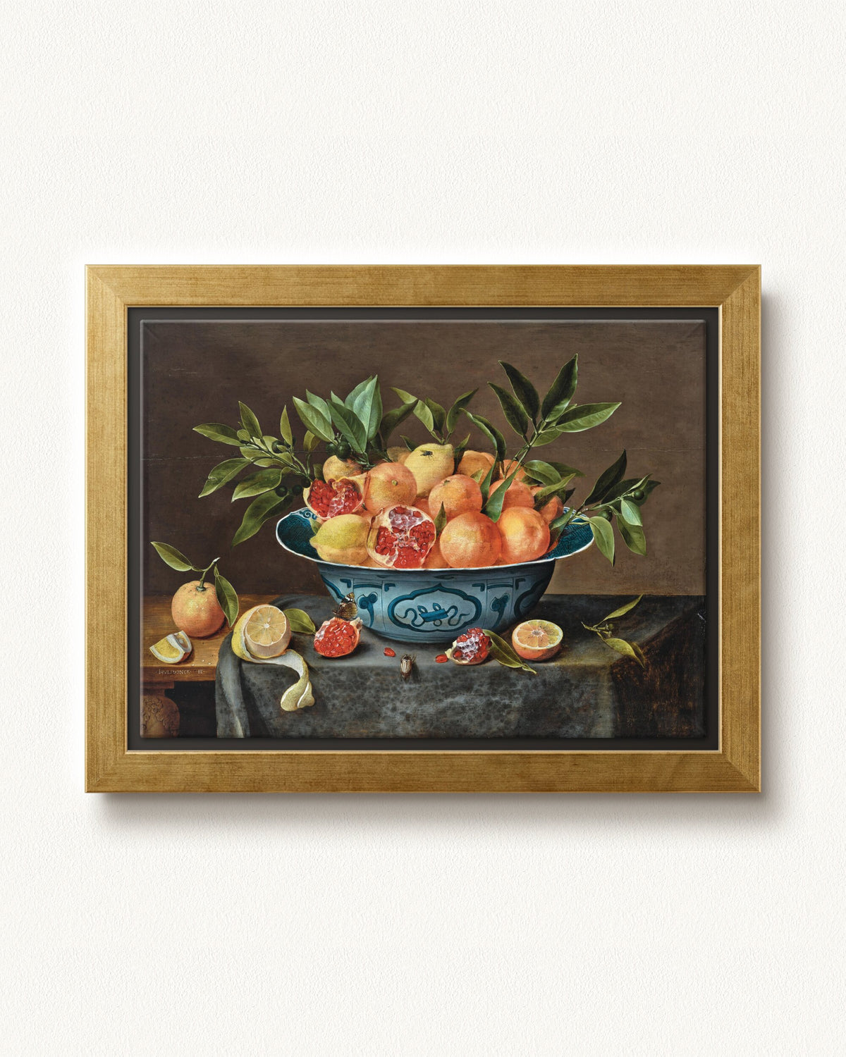 Pomegranates, Oranges, and Lemons in a Porcelain Bowl — 12 x 9, Modern - Gold floating frame