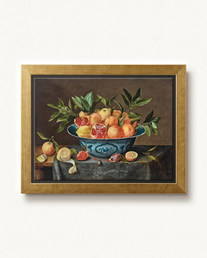 Pomegranates, Oranges, and Lemons in a Porcelain Bowl — 12 x 9, Modern - Gold floating frame
