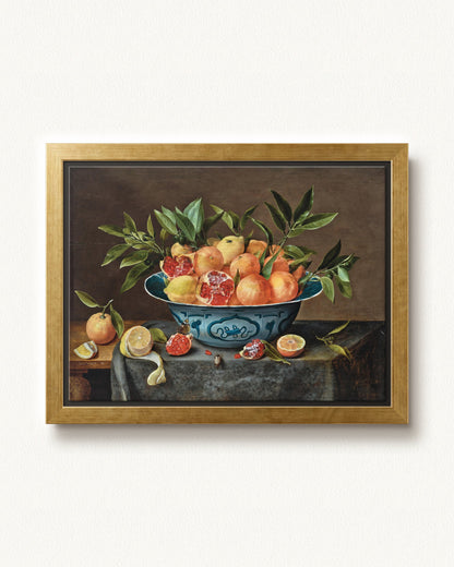 Pomegranates, Oranges, and Lemons in a Porcelain Bowl — 16 x 12, Modern - Gold floating frame