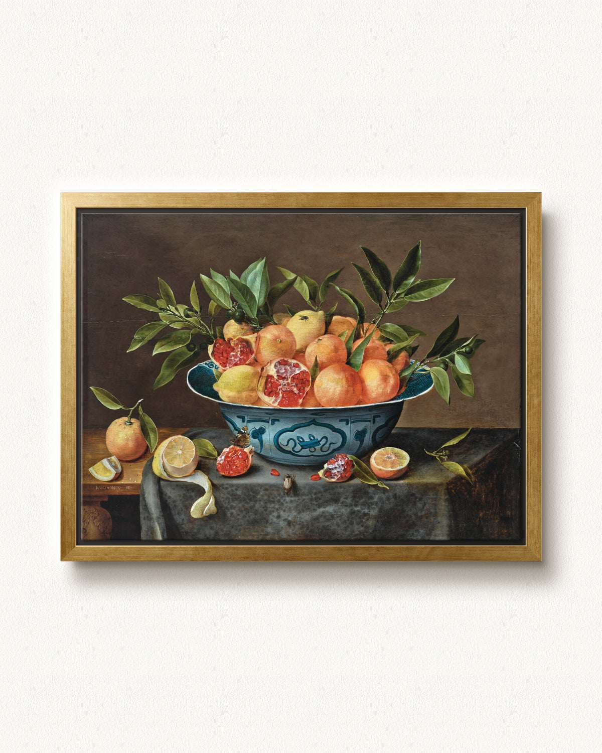 Pomegranates, Oranges, and Lemons in a Porcelain Bowl — 24 x 18, Modern - Gold floating frame