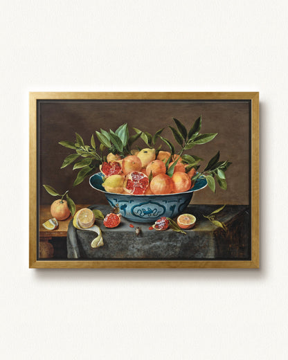 Pomegranates, Oranges, and Lemons in a Porcelain Bowl — 24 x 18, Modern - Gold floating frame