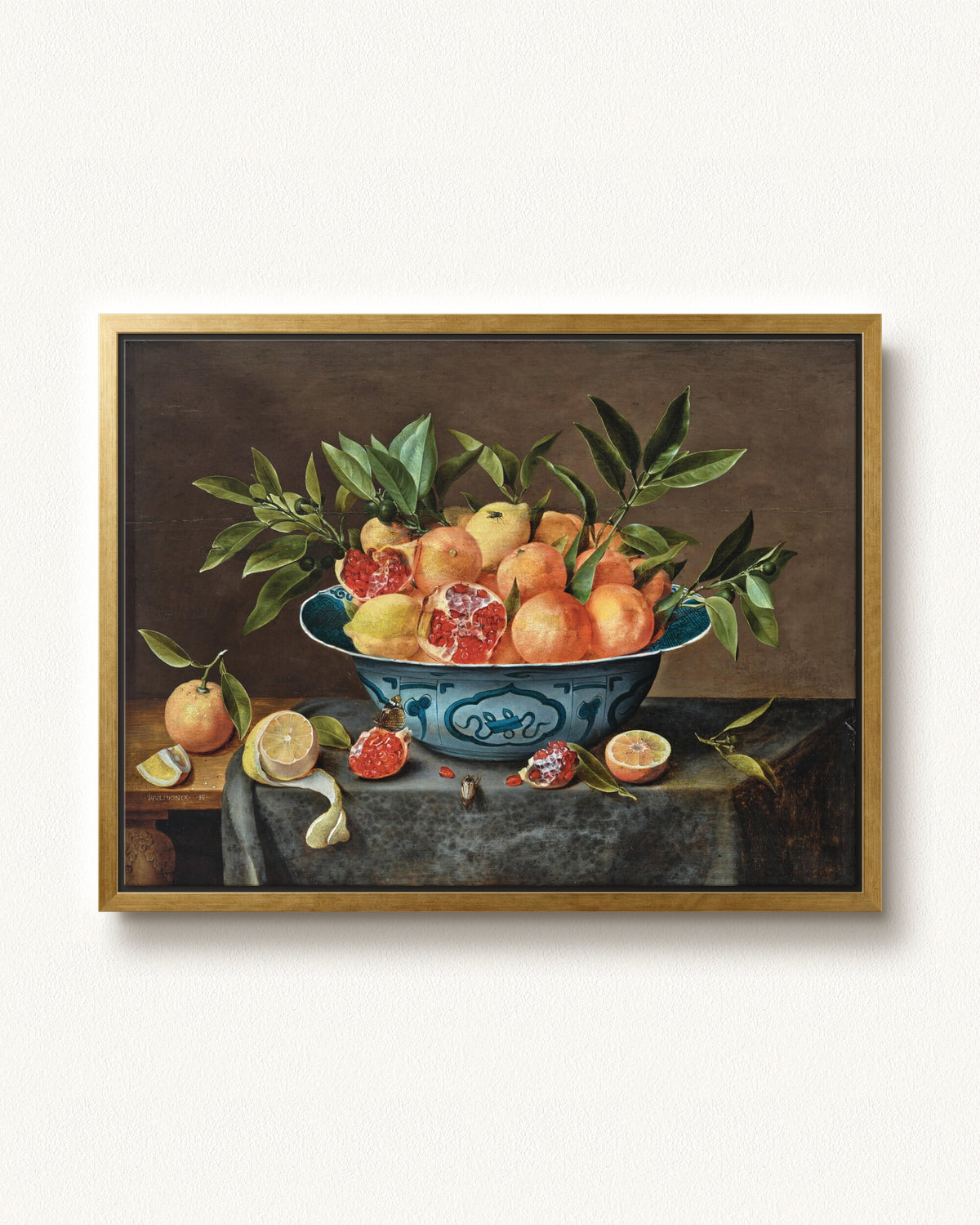 Pomegranates, Oranges, and Lemons in a Porcelain Bowl — 32 x 24, Modern - Gold floating frame