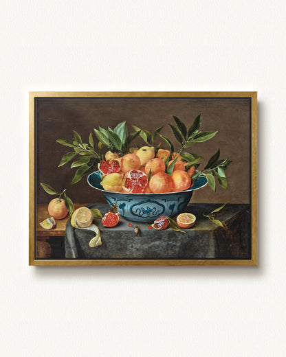 Pomegranates, Oranges, and Lemons in a Porcelain Bowl — 32 x 24, Modern - Gold floating frame