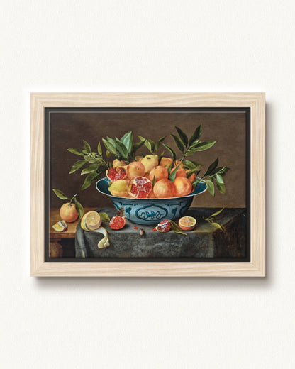 Pomegranates, Oranges, and Lemons in a Porcelain Bowl — 12 x 9, Modern - Natural floating frame