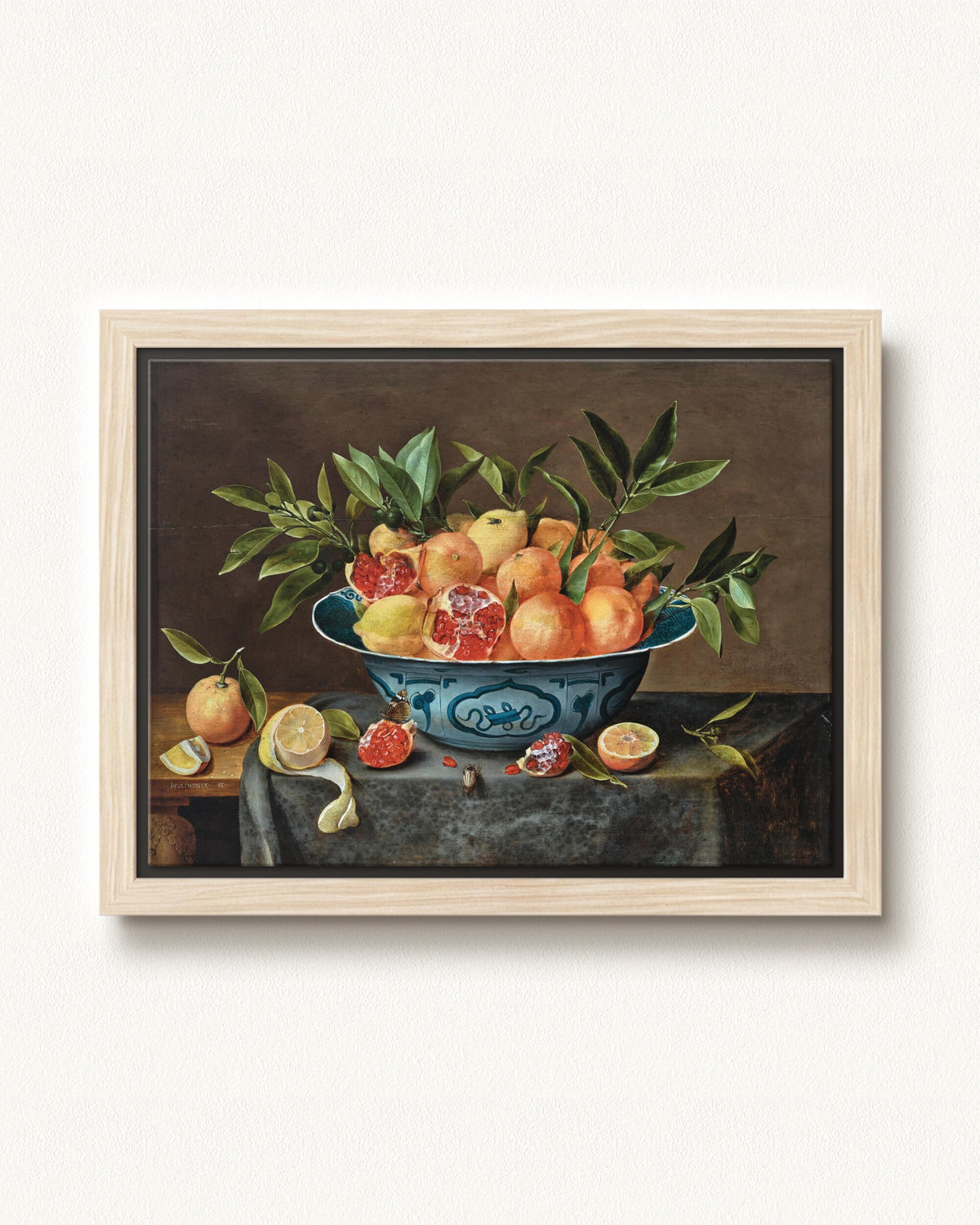 Pomegranates, Oranges, and Lemons in a Porcelain Bowl — 16 x 12, Modern - Natural floating frame