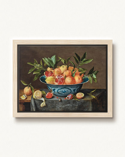Pomegranates, Oranges, and Lemons in a Porcelain Bowl — 16 x 12, Modern - Natural floating frame