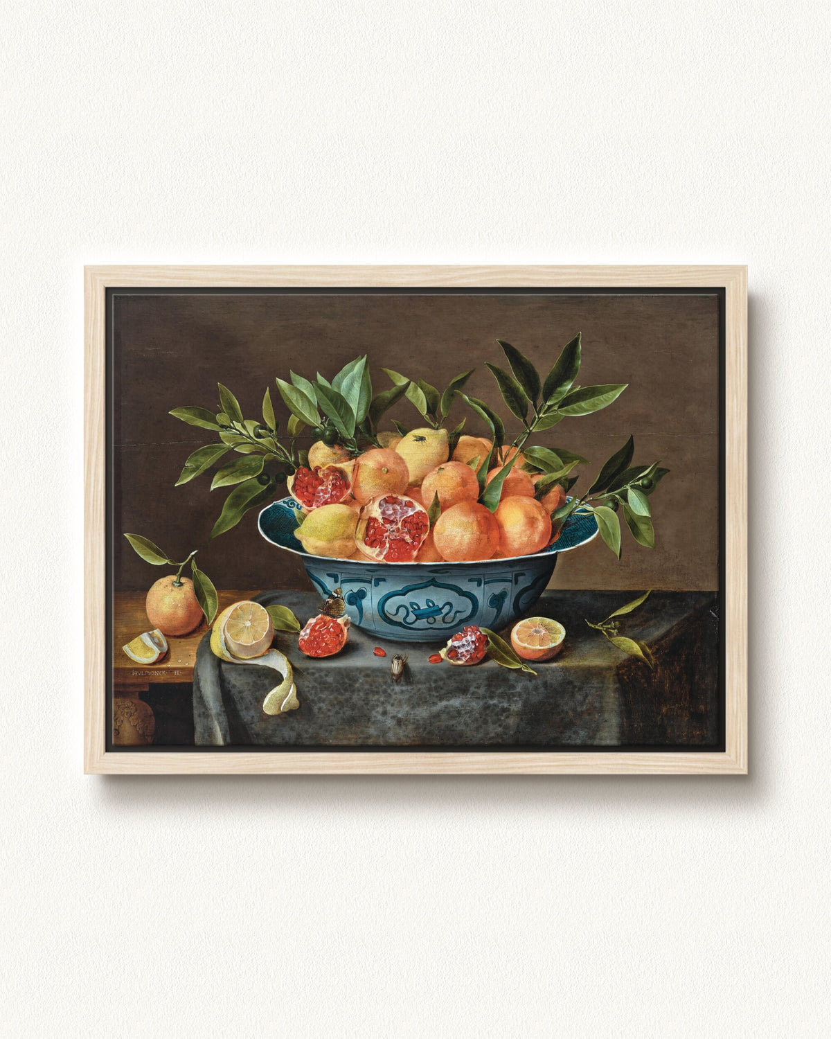 Pomegranates, Oranges, and Lemons in a Porcelain Bowl — 24 x 18, Modern - Natural floating frame