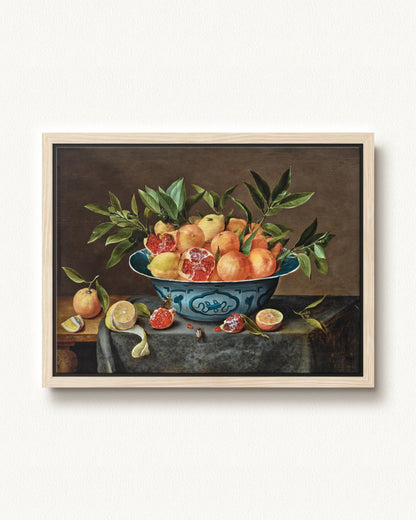 Pomegranates, Oranges, and Lemons in a Porcelain Bowl — 24 x 18, Modern - Natural floating frame