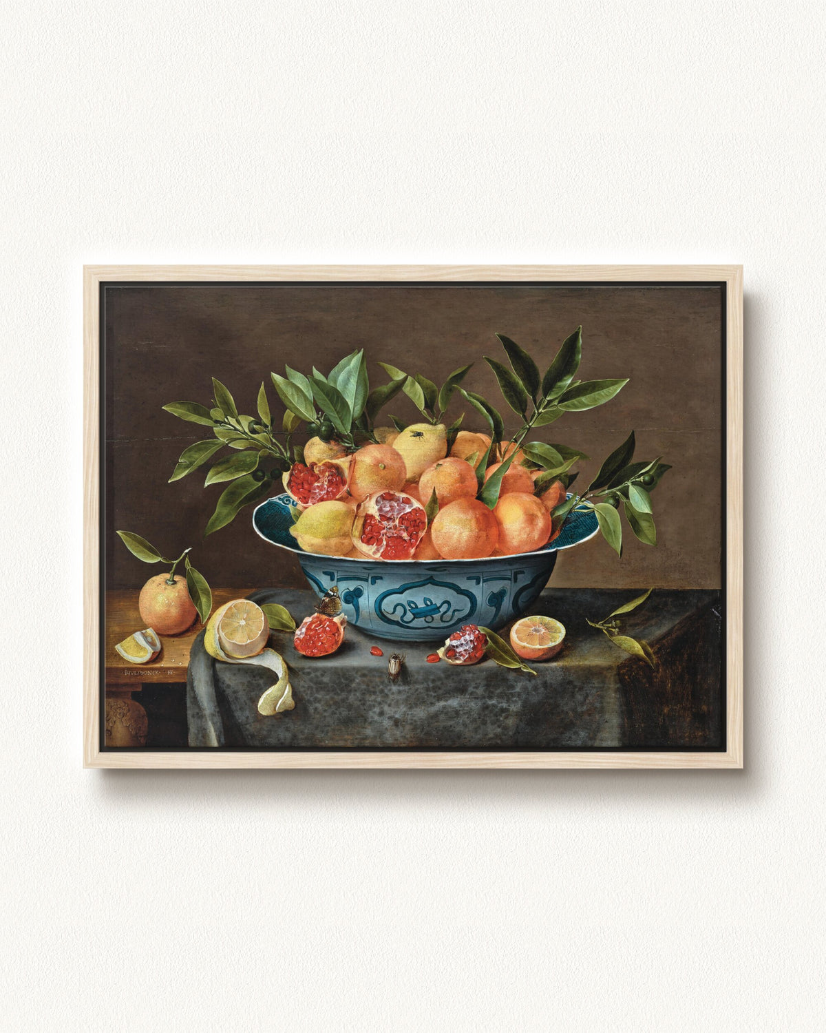 Pomegranates, Oranges, and Lemons in a Porcelain Bowl — 32 x 24, Modern - Natural floating frame