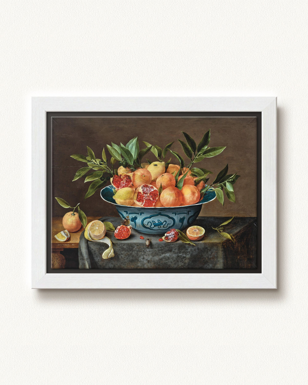 Pomegranates, Oranges, and Lemons in a Porcelain Bowl — 12 x 9, Modern - White floating frame