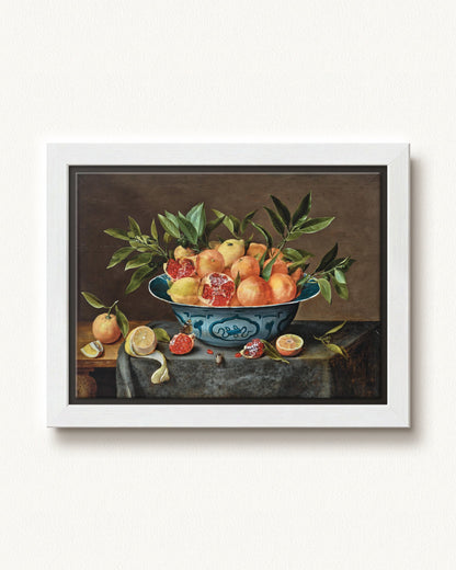 Pomegranates, Oranges, and Lemons in a Porcelain Bowl — 12 x 9, Modern - White floating frame