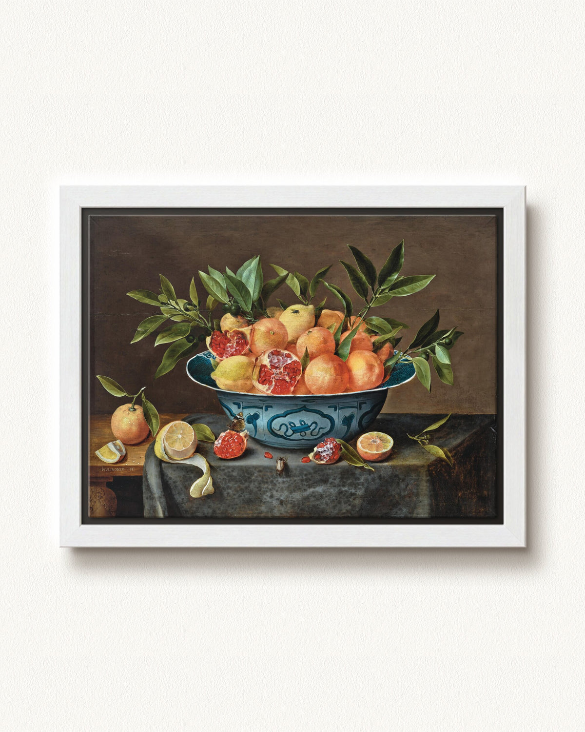 Pomegranates, Oranges, and Lemons in a Porcelain Bowl — 16 x 12, Modern - White floating frame
