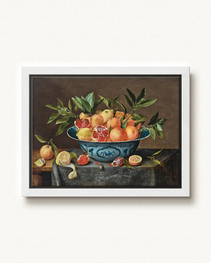 Pomegranates, Oranges, and Lemons in a Porcelain Bowl — 16 x 12, Modern - White floating frame