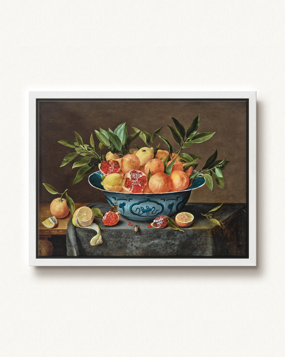 Pomegranates, Oranges, and Lemons in a Porcelain Bowl — 24 x 18, Modern - White floating frame