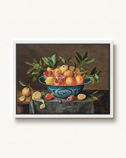 Pomegranates, Oranges, and Lemons in a Porcelain Bowl — 24 x 18, Modern - White floating frame