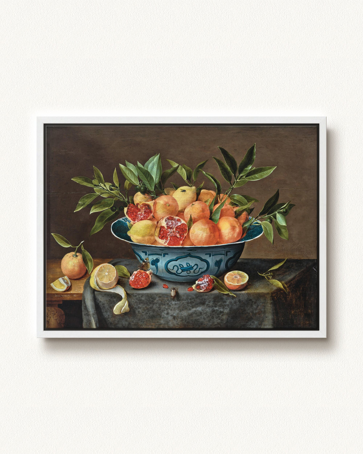 Pomegranates, Oranges, and Lemons in a Porcelain Bowl — 32 x 24, Modern - White floating frame