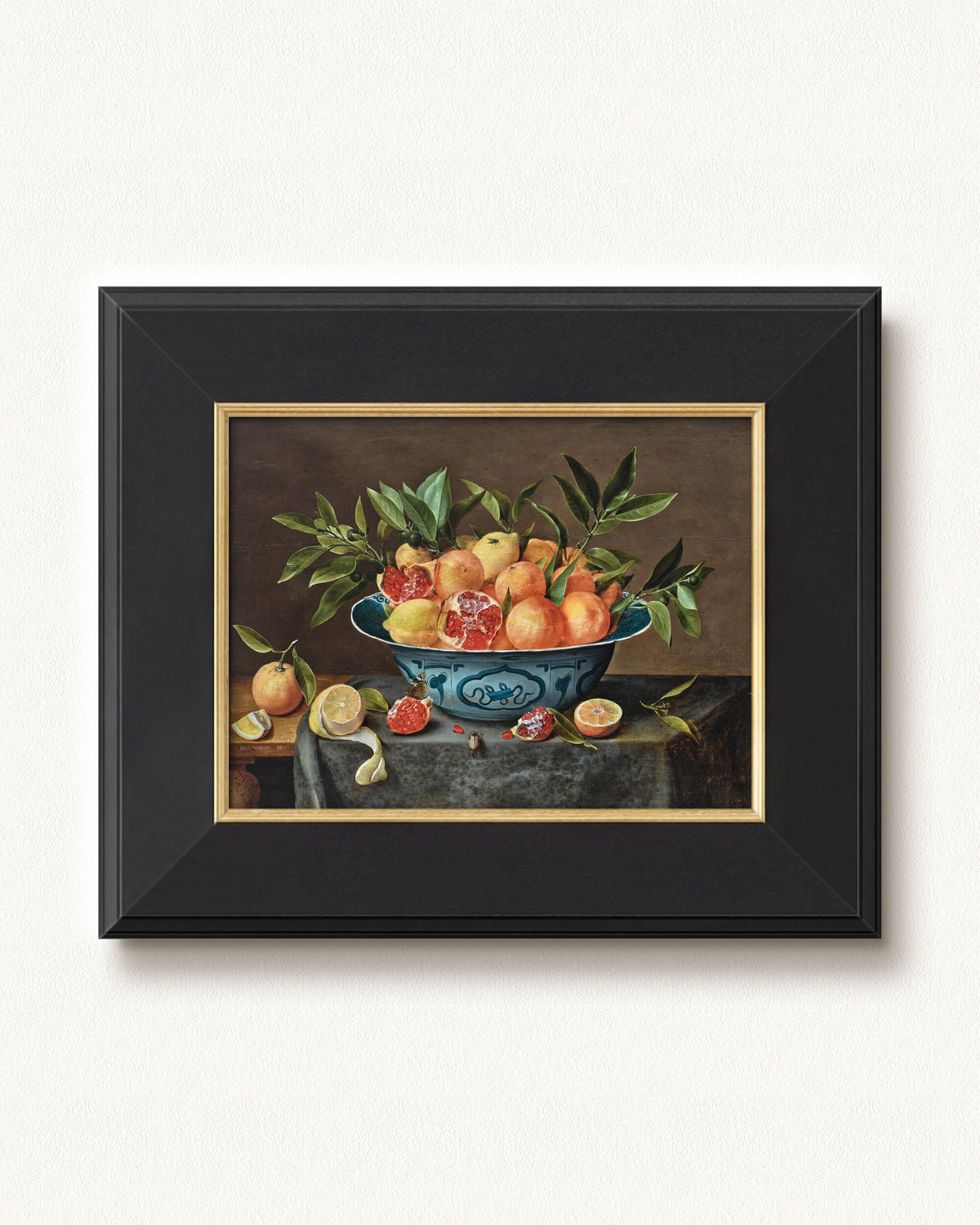 Pomegranates, Oranges, and Lemons in a Porcelain Bowl — 12 x 9, Concerto Black Gold frame