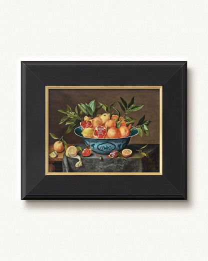 Pomegranates, Oranges, and Lemons in a Porcelain Bowl — 12 x 9, Concerto Black Gold frame