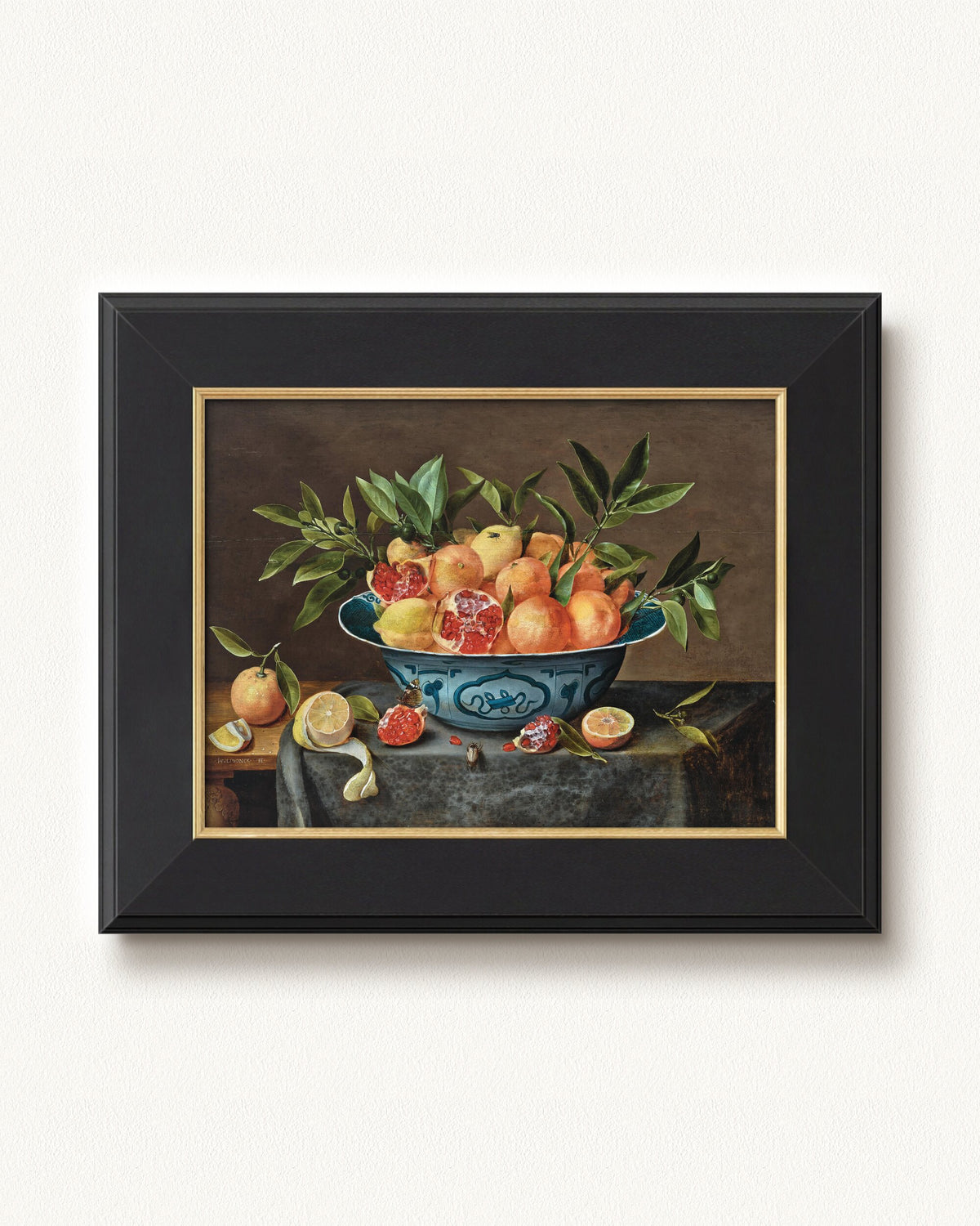 Pomegranates, Oranges, and Lemons in a Porcelain Bowl — 16 x 12, Concerto Black Gold frame