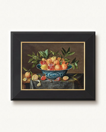Pomegranates, Oranges, and Lemons in a Porcelain Bowl — 16 x 12, Concerto Black Gold frame