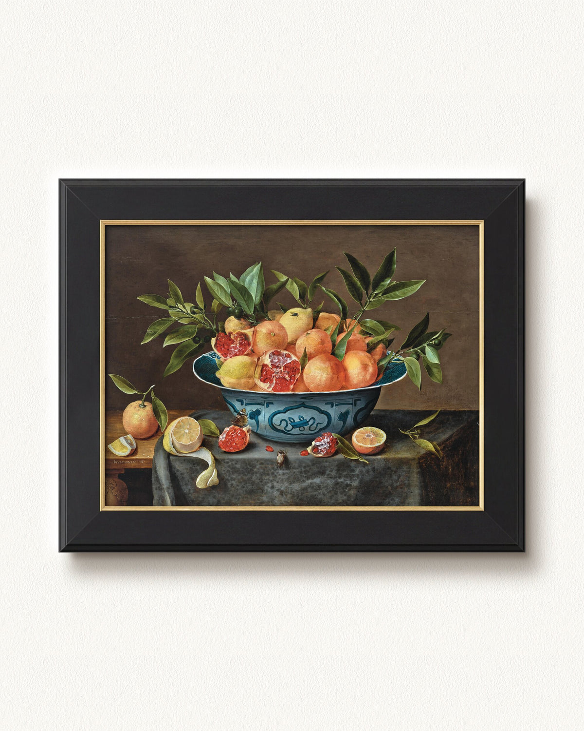 Pomegranates, Oranges, and Lemons in a Porcelain Bowl — 24 x 18, Concerto Black Gold frame