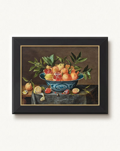 Pomegranates, Oranges, and Lemons in a Porcelain Bowl — 24 x 18, Concerto Black Gold frame