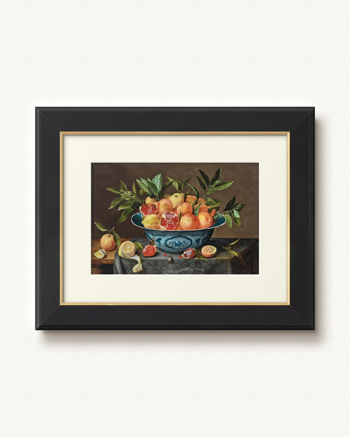 Pomegranates, Oranges, and Lemons in a Porcelain Bowl — 24 x 18, Concerto Black Gold frame, with off-white mat