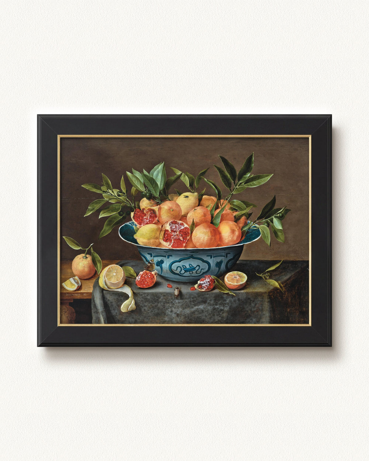 Pomegranates, Oranges, and Lemons in a Porcelain Bowl — 32 x 24, Concerto Black Gold frame