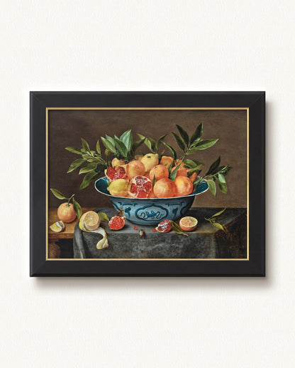 Pomegranates, Oranges, and Lemons in a Porcelain Bowl — 32 x 24, Concerto Black Gold frame