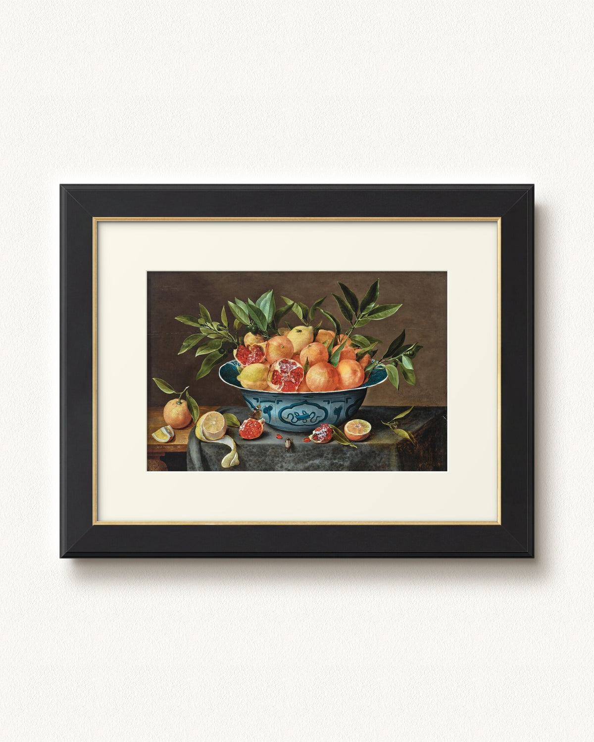 Pomegranates, Oranges, and Lemons in a Porcelain Bowl — 32 x 24, Concerto Black Gold frame, with off-white mat