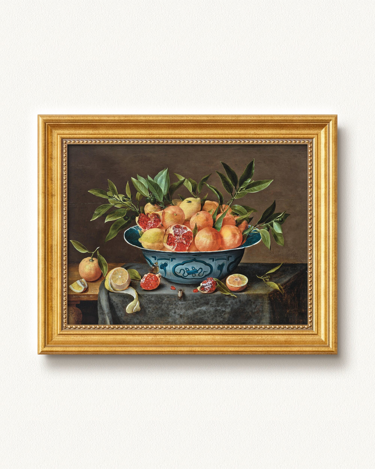 Pomegranates, Oranges, and Lemons in a Porcelain Bowl — 12 x 9, Signature Antique Gold with Beaded Detailing frame