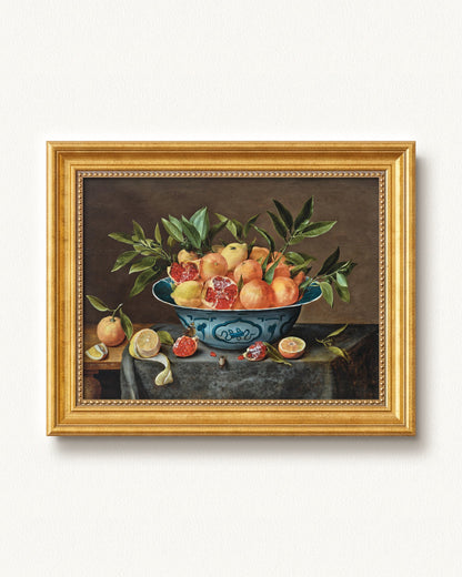 Pomegranates, Oranges, and Lemons in a Porcelain Bowl — 12 x 9, Signature Antique Gold with Beaded Detailing frame