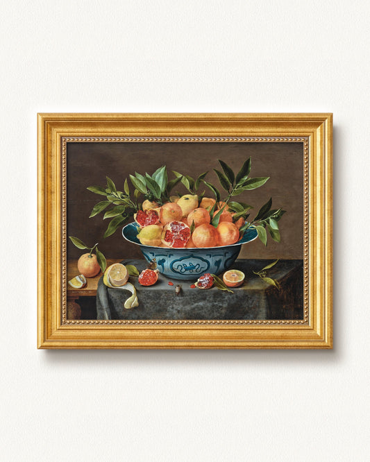 Pomegranates, Oranges, and Lemons in a Porcelain Bowl — 12 x 9, Signature Antique Gold with Beaded Detailing frame