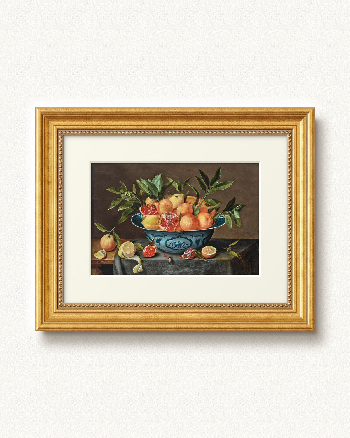 Pomegranates, Oranges, and Lemons in a Porcelain Bowl — 12 x 9, Signature Antique Gold with Beaded Detailing frame, with off-white mat