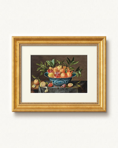 Pomegranates, Oranges, and Lemons in a Porcelain Bowl — 12 x 9, Signature Antique Gold with Beaded Detailing frame, with off-white mat