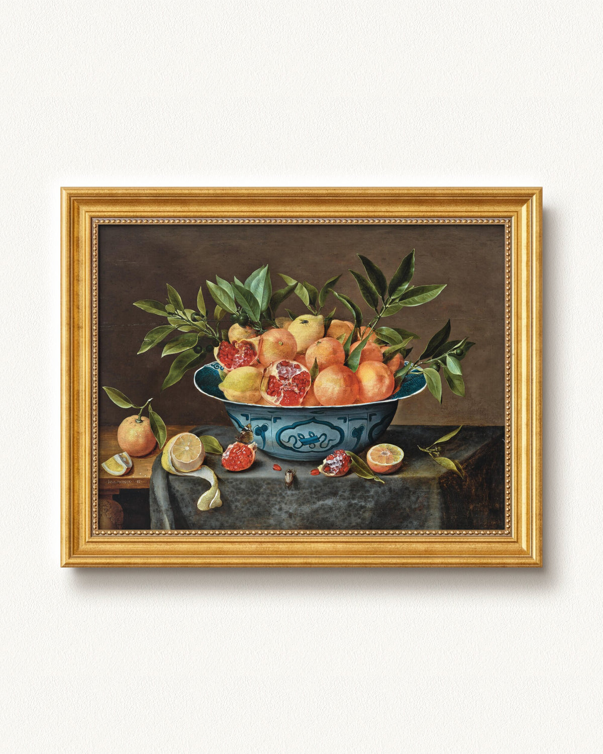 Pomegranates, Oranges, and Lemons in a Porcelain Bowl — 16 x 12, Signature Antique Gold with Beaded Detailing frame