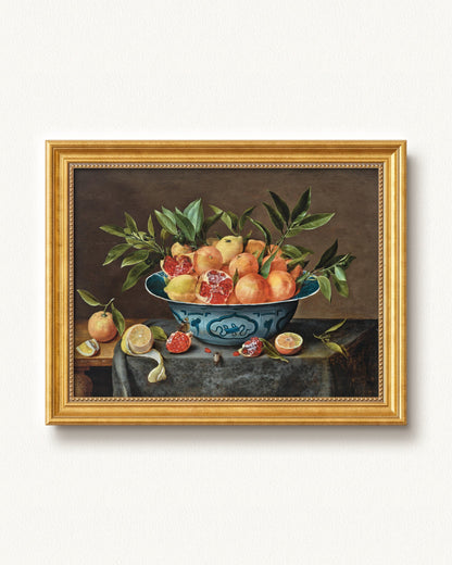 Pomegranates, Oranges, and Lemons in a Porcelain Bowl — 16 x 12, Signature Antique Gold with Beaded Detailing frame