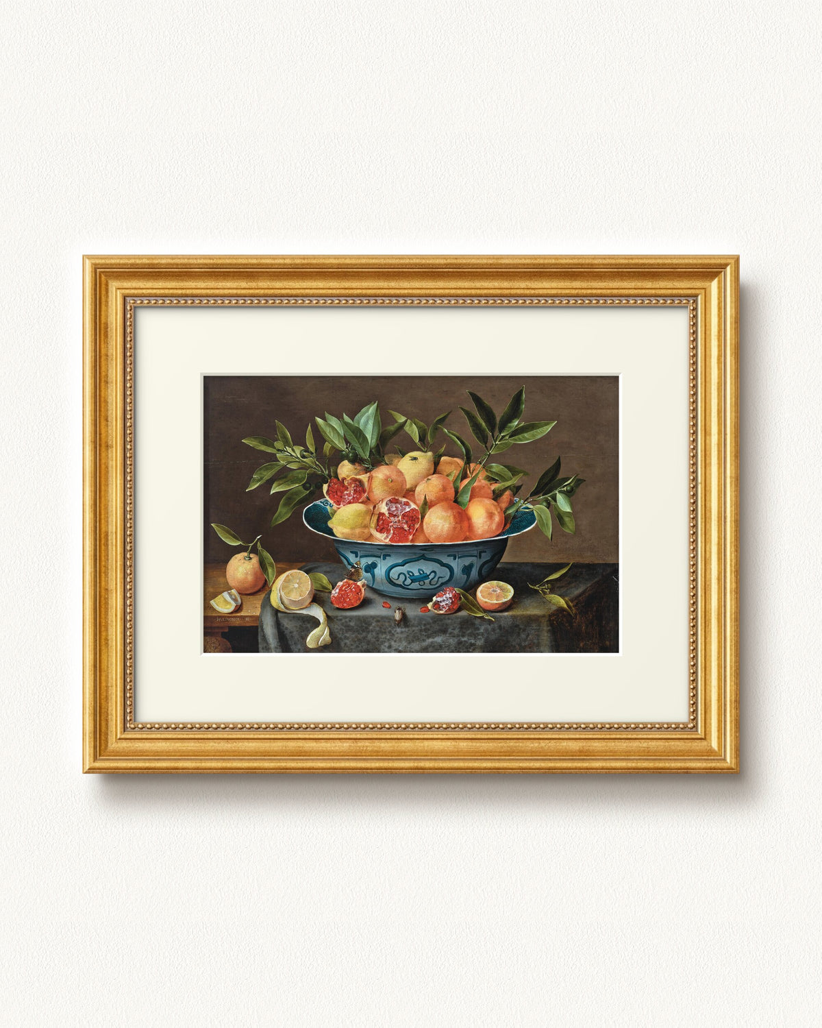 Pomegranates, Oranges, and Lemons in a Porcelain Bowl — 16 x 12, Signature Antique Gold with Beaded Detailing frame, with off-white mat