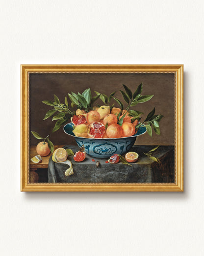 Pomegranates, Oranges, and Lemons in a Porcelain Bowl — 24 x 18, Signature Antique Gold with Beaded Detailing frame