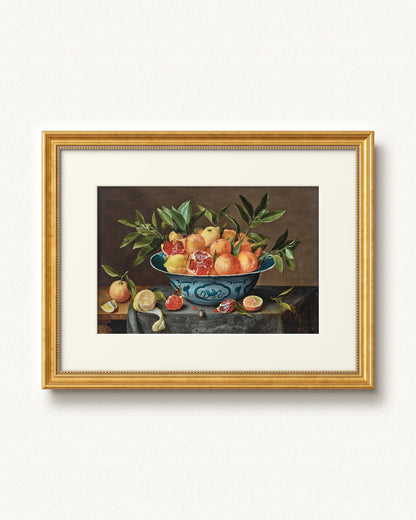 Pomegranates, Oranges, and Lemons in a Porcelain Bowl — 24 x 18, Signature Antique Gold with Beaded Detailing frame, with off-white mat