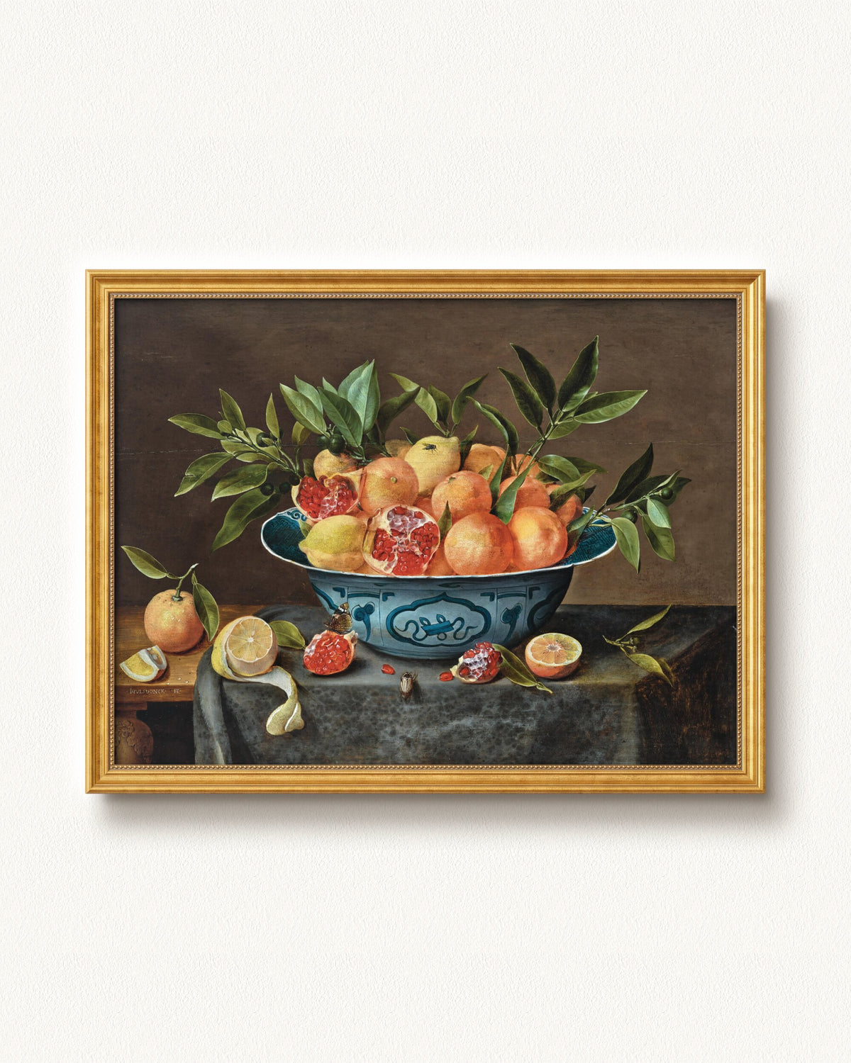 Pomegranates, Oranges, and Lemons in a Porcelain Bowl — 32 x 24, Signature Antique Gold with Beaded Detailing frame