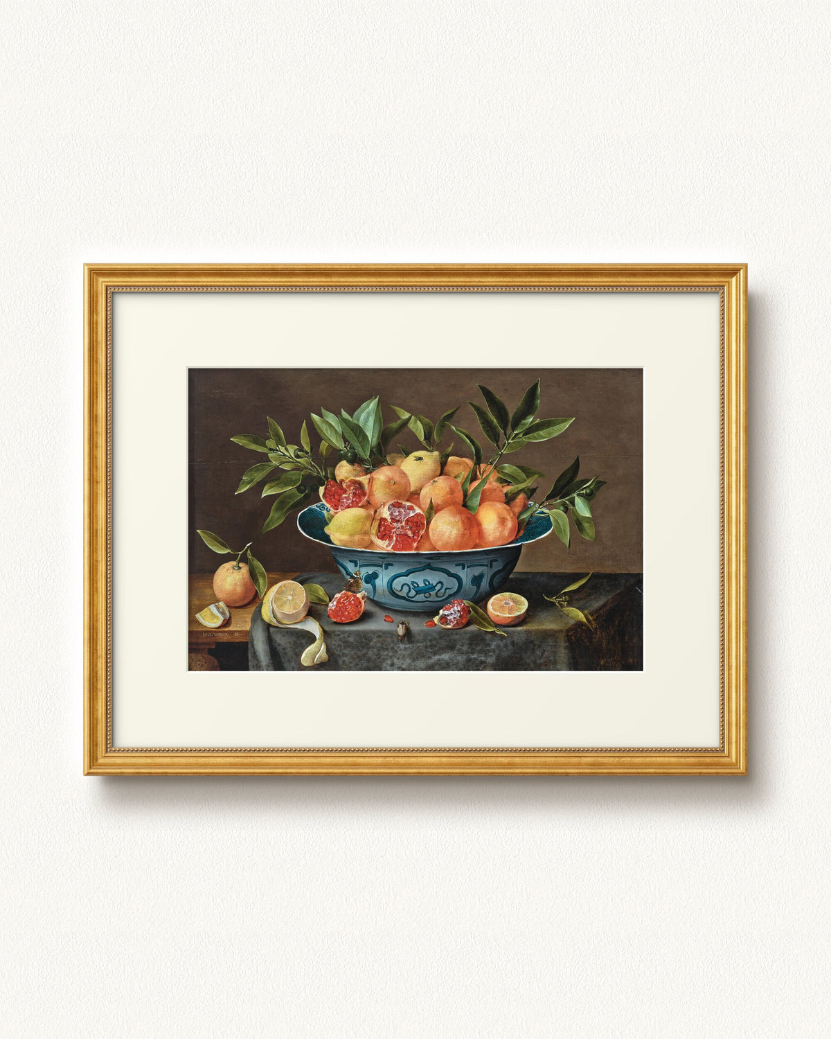 Pomegranates, Oranges, and Lemons in a Porcelain Bowl — 32 x 24, Signature Antique Gold with Beaded Detailing frame, with off-white mat