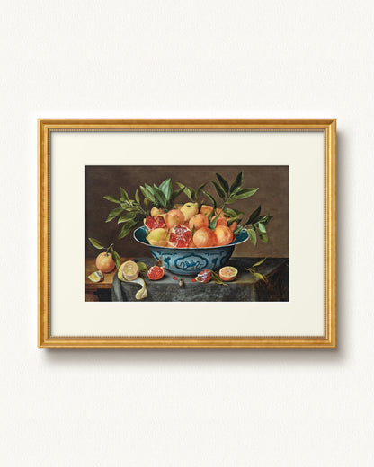 Pomegranates, Oranges, and Lemons in a Porcelain Bowl — 32 x 24, Signature Antique Gold with Beaded Detailing frame, with off-white mat
