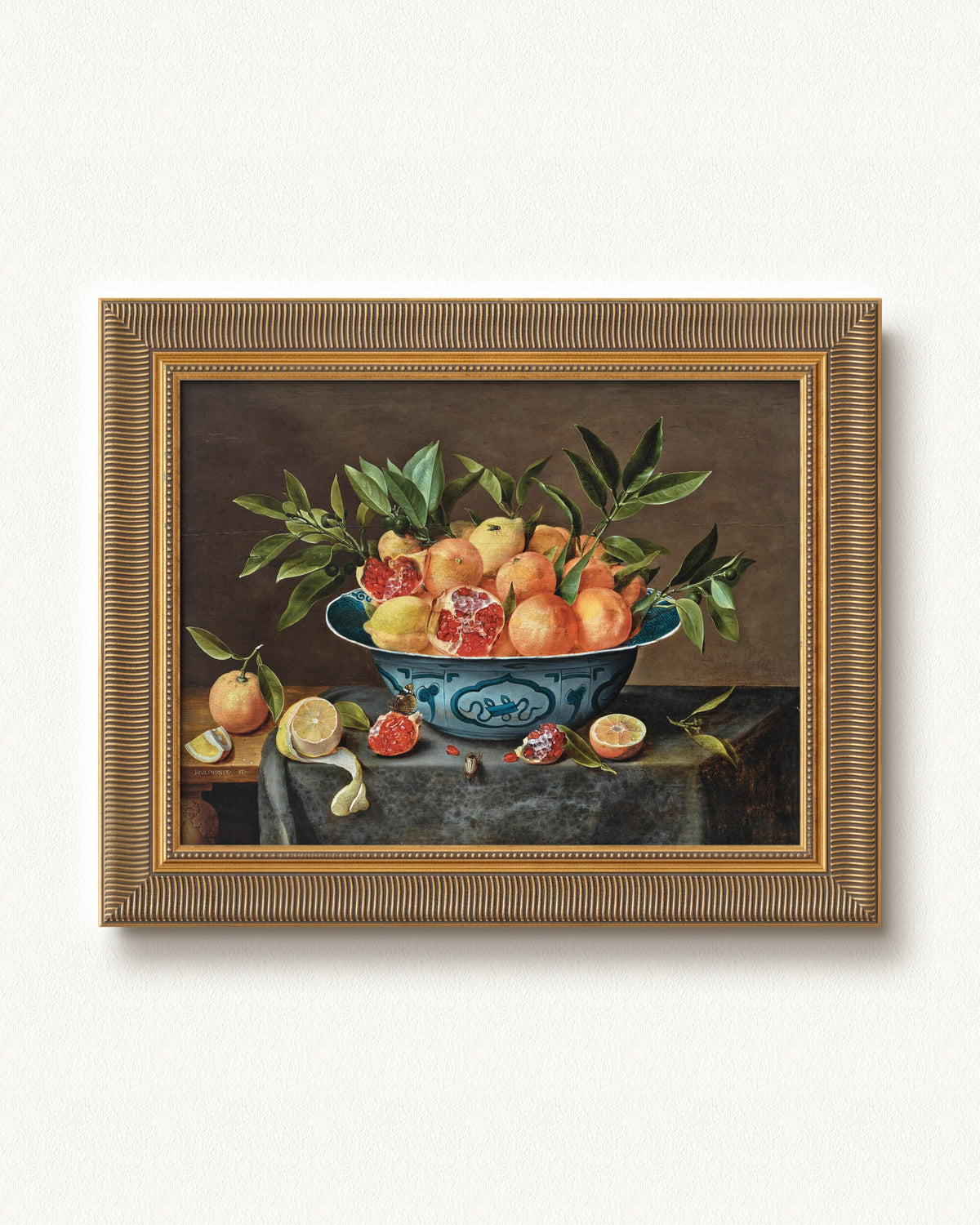 Pomegranates, Oranges, and Lemons in a Porcelain Bowl — 12 x 9, Signature Antiqued Gold Comb frame